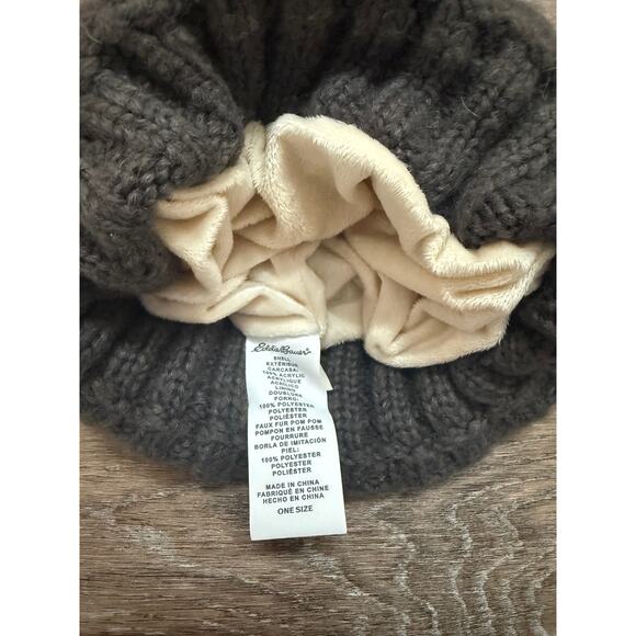 Eddie Bauer Chunky Knit Lined Beanie Pom Hat Gray Brown Winter Cottage Hat - Picture 4 of 6